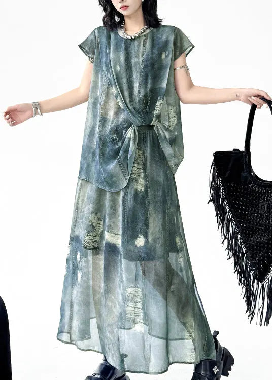 Blue O Neck Ripped Denim Print Two Pieces Set Summer