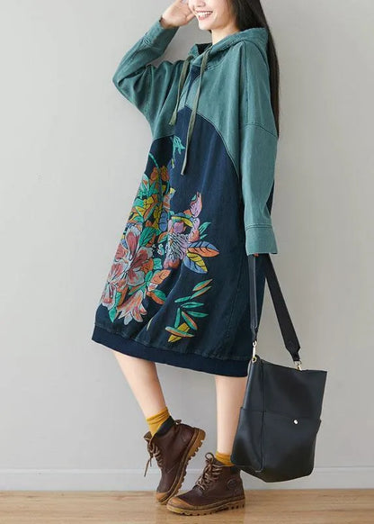 Blue Hooded Pockets Drawstring Print Fall Sweatshirts Dress