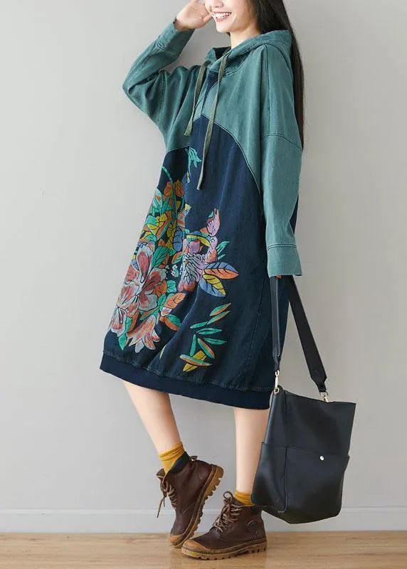 Blue Hooded Pockets Drawstring Print Fall Sweatshirts Dress