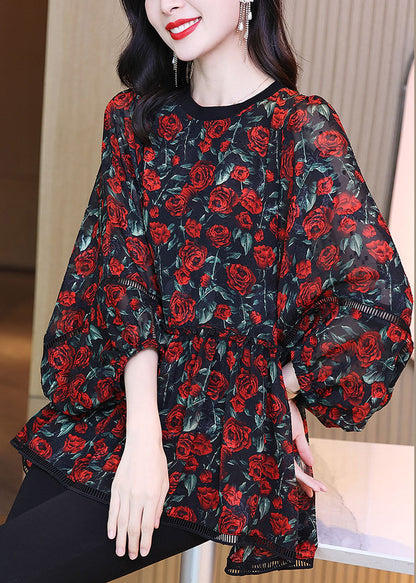 Red O-neck Print Wrinkled Chiffon Shirt Long Sleeve