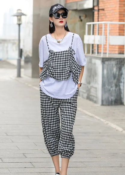 French Black White Plaid O-neck Print Fall Two Piece Set Half Sleeve