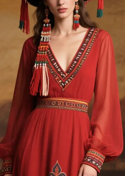 Classy Mulberry V Neck Print Chiffon Long Dress Fall