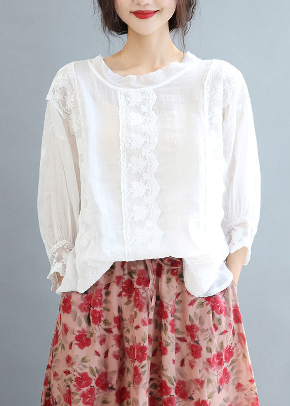 White O-neck Oversized Linen Blouse Tops Bracelet Sleeve