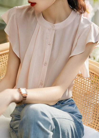 Unique Pink O Neck Patchwork Silk Top Butterfly Sleeves