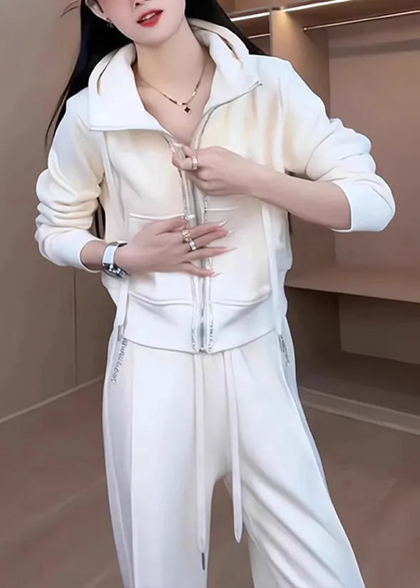 Loose White Hooded Zippered Coat and Pants Cotton Two Pieces Set Fall