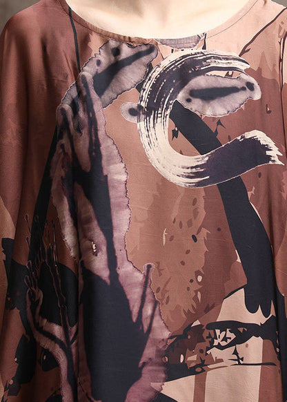 Baggy Chocolate Print Silk Dress and Wide Leg Pants Two Piece Suit Set Batwing Sleeve