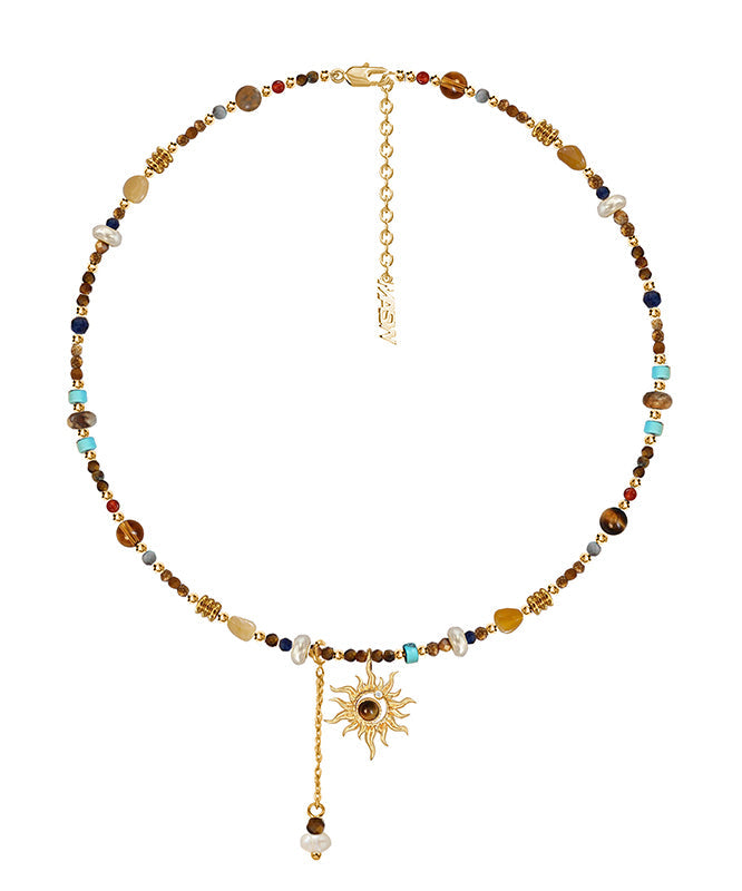 Gold Copper Allopy Pearl Agate Tiger's Eye Stone Pendant Necklace