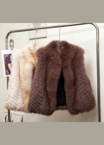 Gilded Stand Collar Leather and Fur Waistcoat Sleeveless