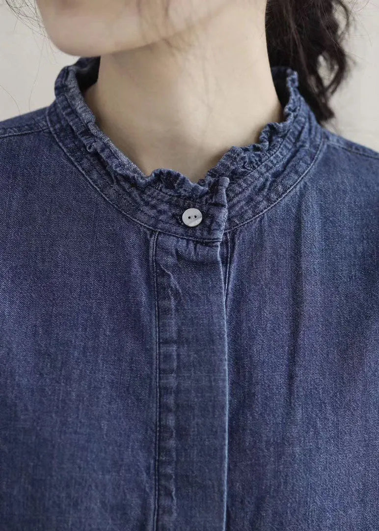 Style Blue Ruffled Pockets Denim Ankle Dress Spring