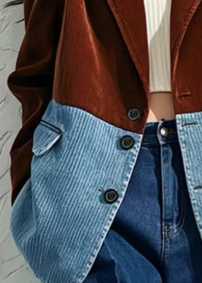 Loose Brown Notched Button Patchwork Corduroy Coats Spring
