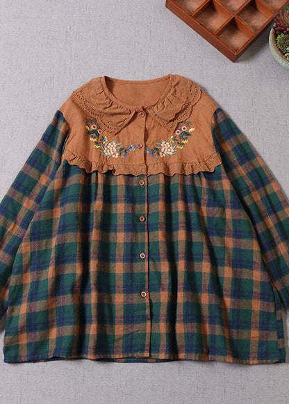 Green Embroideried Plaid Cotton Shirt Top Spring