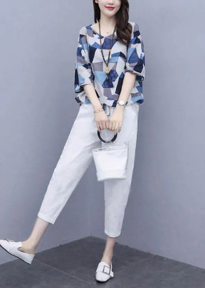 Vogue Blue Print Tops and Crop Pants Summer