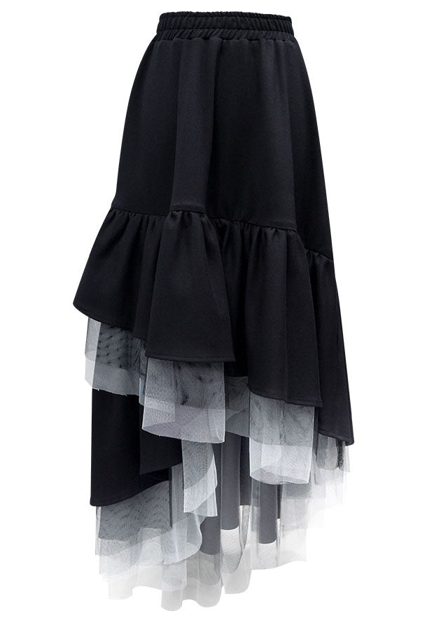 Black Asymmetrical Tulle Patchwork Elastic Waist Cotton a Line Skirt Summer
