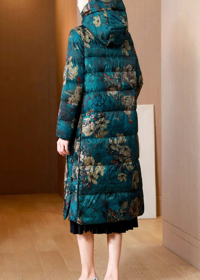 Green Print Pockets Chinese Button Cotton Blend Puffers Coat Winter