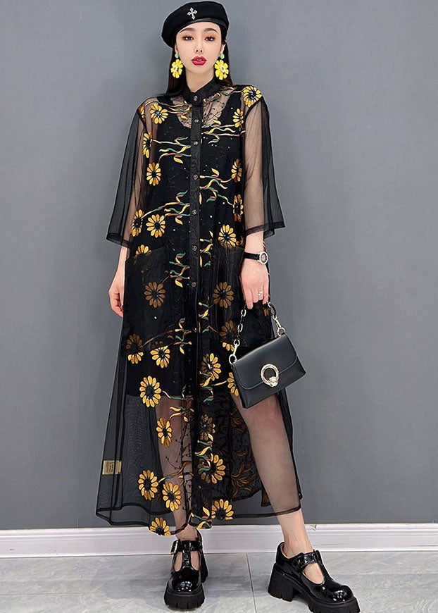 Black Hollow Out Print Tulle Upf 50+ Long Shirt Dress Summer