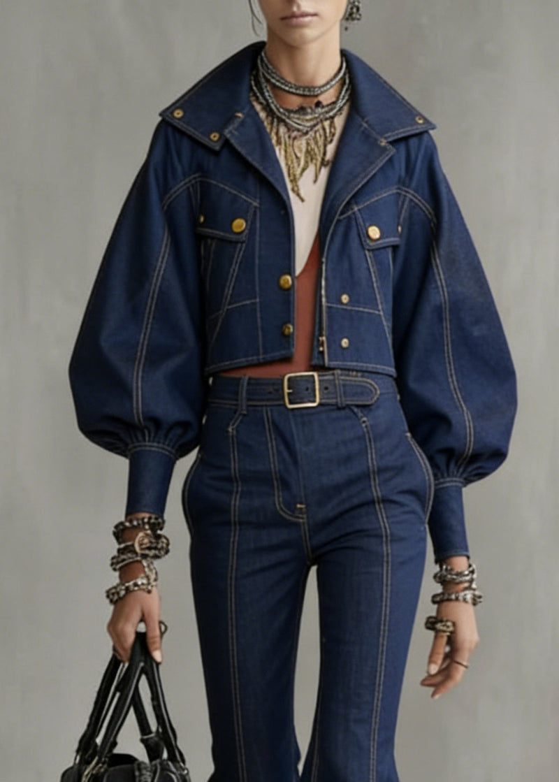 Novelty Denim Blue Patchwork Coat and Flared Trousers Two Pieces Set Flare Sleeve