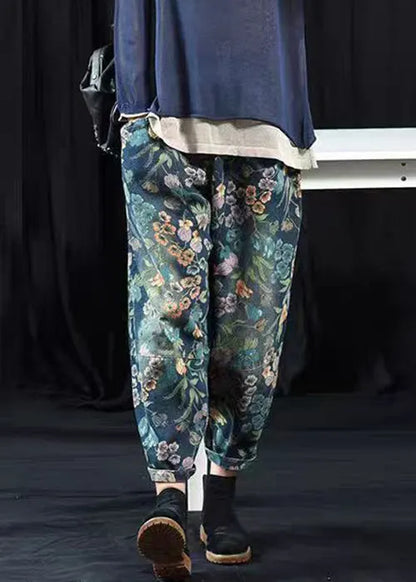 Print Pockets High Waist Denim Crop Pants Spring