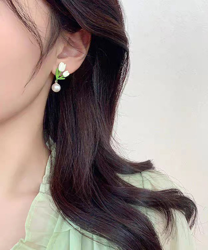 White Sterling Silver Alloy Pearl Tulip Stud Earrings