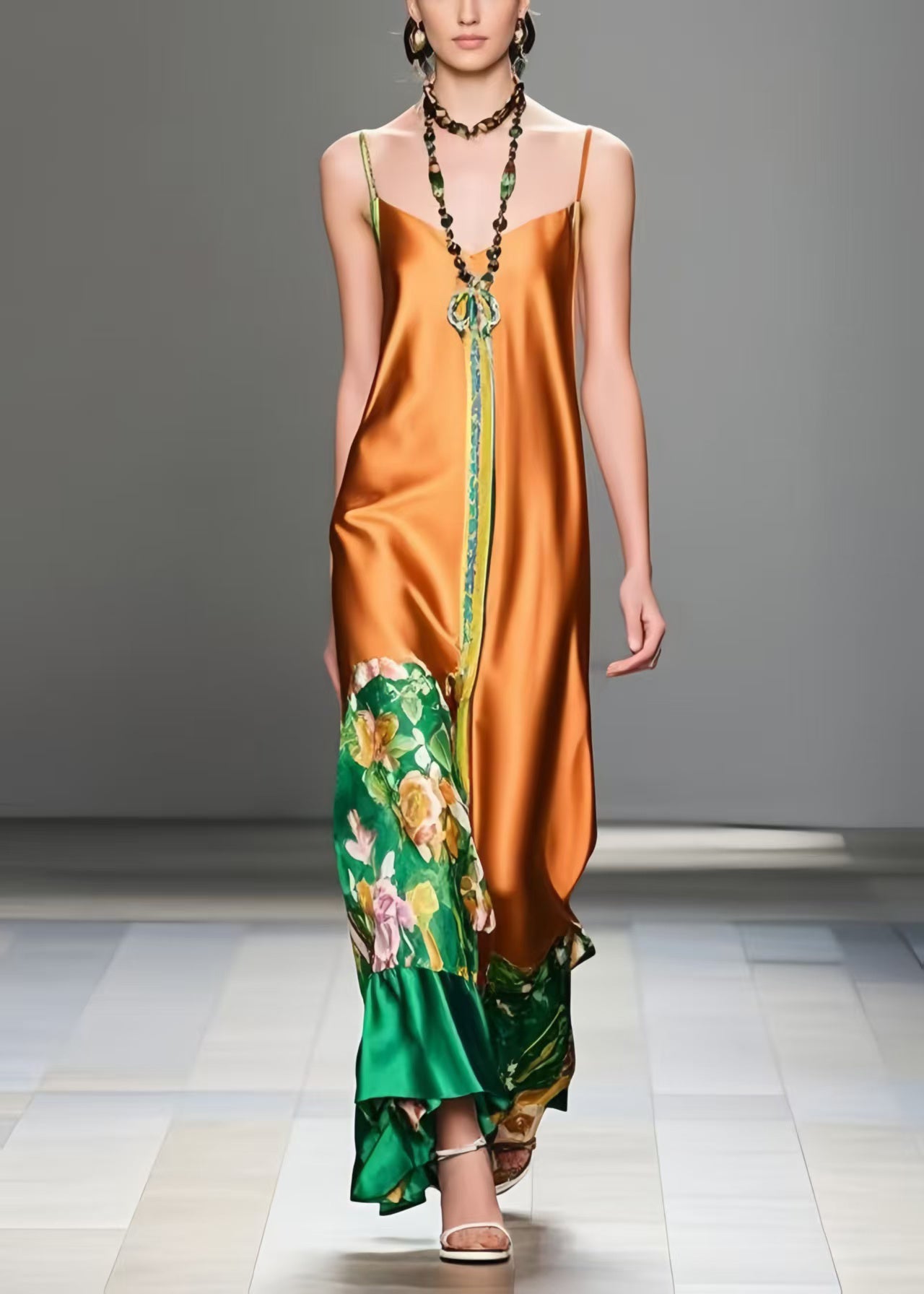 Style Caramel Print Silm Fit Silk Spaghetti Strap Dress Summer