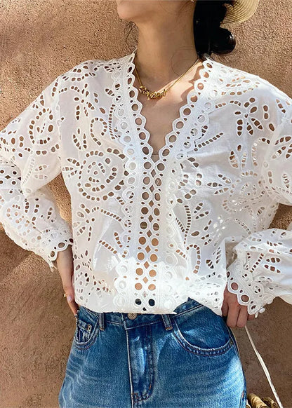 Italian White Hollow Out Cotton Shirts Spring