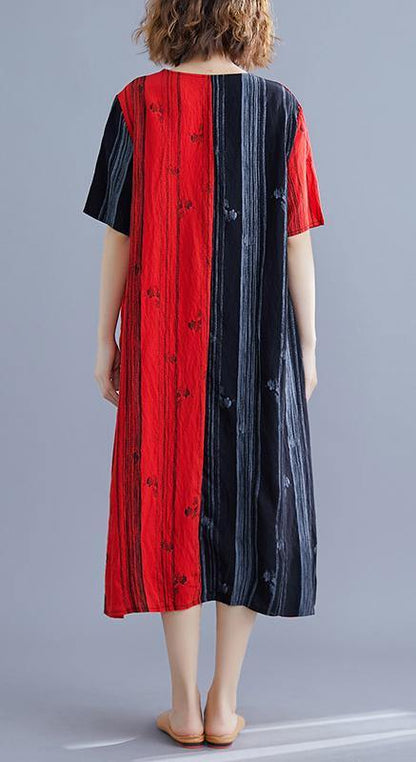 Red Print Cotton Patchwork Summer Dress