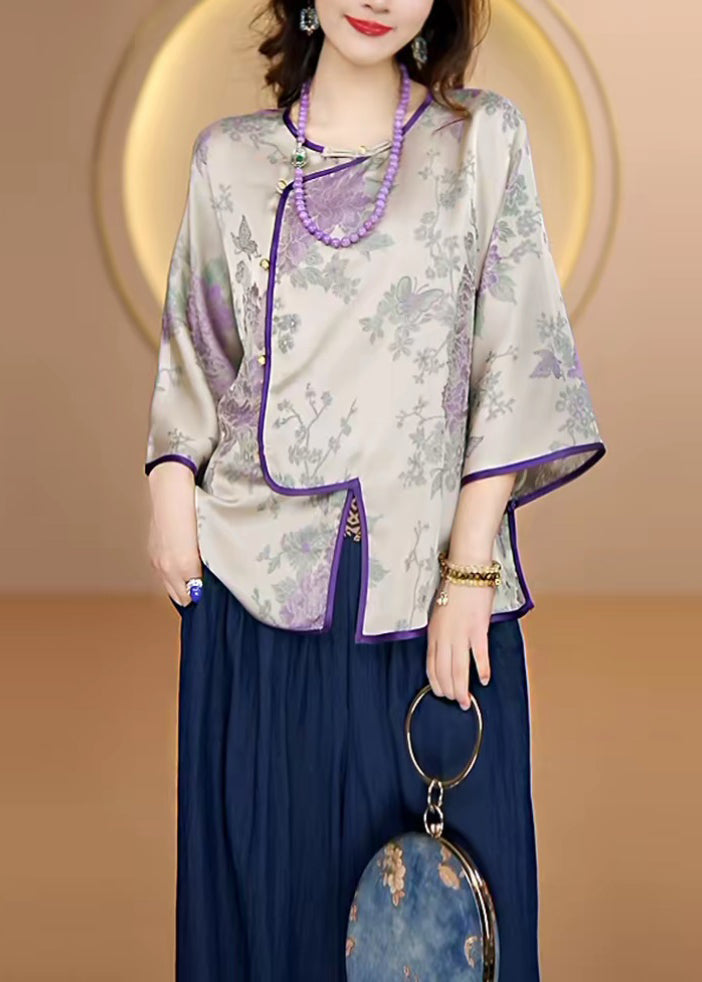 Purple O-neck Jacquard Button Silk Top Fall