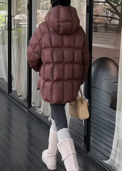 Dark Gray Plaid Drawstring Duck Down Winter Puffer Coat Hooded