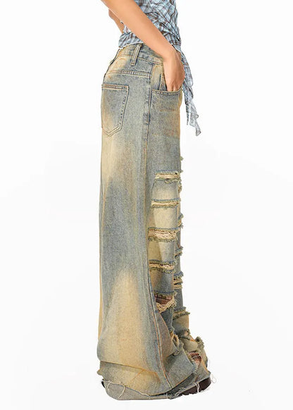 Blue High Waist Pockets Patchwork Wide Leg Jeans