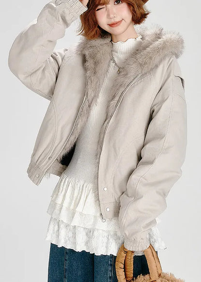 Zip Up Fuzzy Fur Patchwork Fine Cotton Filled Hooded Jacket Winter
