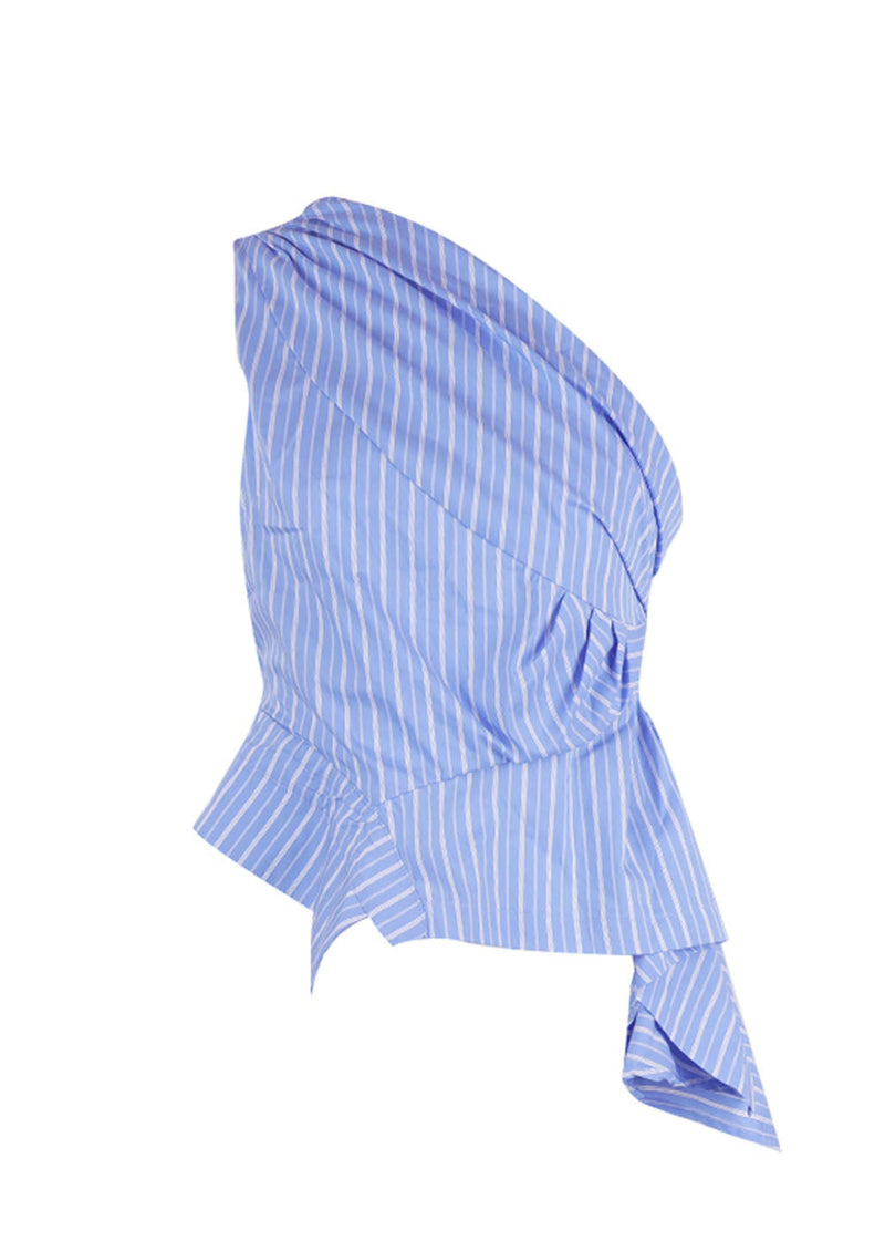 Blue Asymmetrical One Shoulder Wrinkled Striped Tops Sleeveless