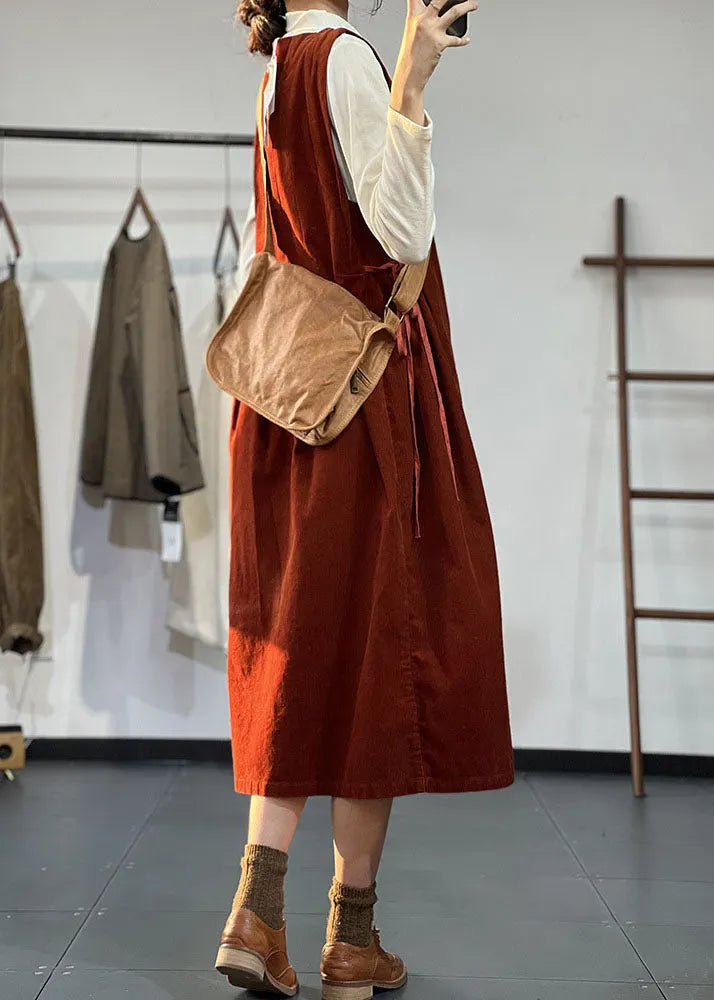 Stylish Red O-neck Exra Large Hem Corduroy Pleated Dresses Sleeveless