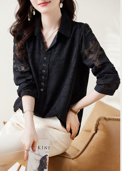 Black Jacquard Draping Chiffon Shirt Spring