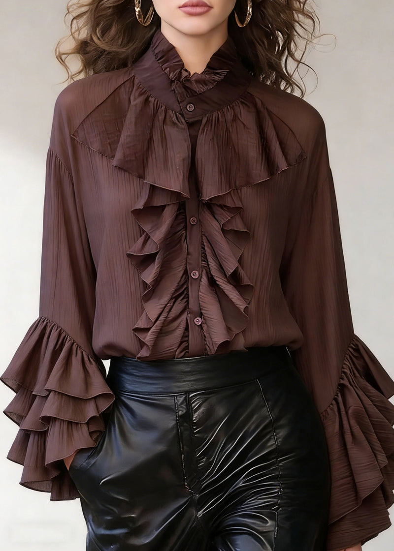 Coffee Wrinkled Button Cotton Shirt Stand Collar Spring