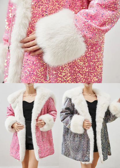 Grey Sequins Warm Faux Fur Velour Hoodie Coat Winter