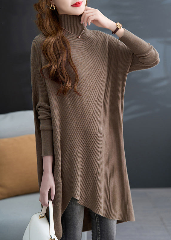 Khaki Green Hign Neck Asymmetrical Knit Sweater Fall