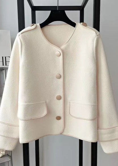 Beige O Neck Pockets Woolen Short Coat Fall