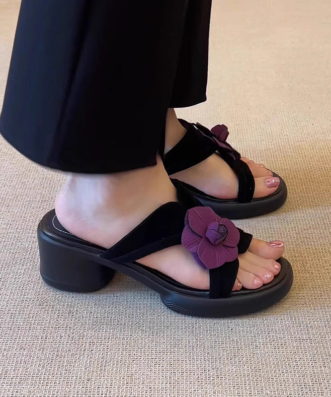 Black Splicing Chunky Slide Sandals Peep Toe
