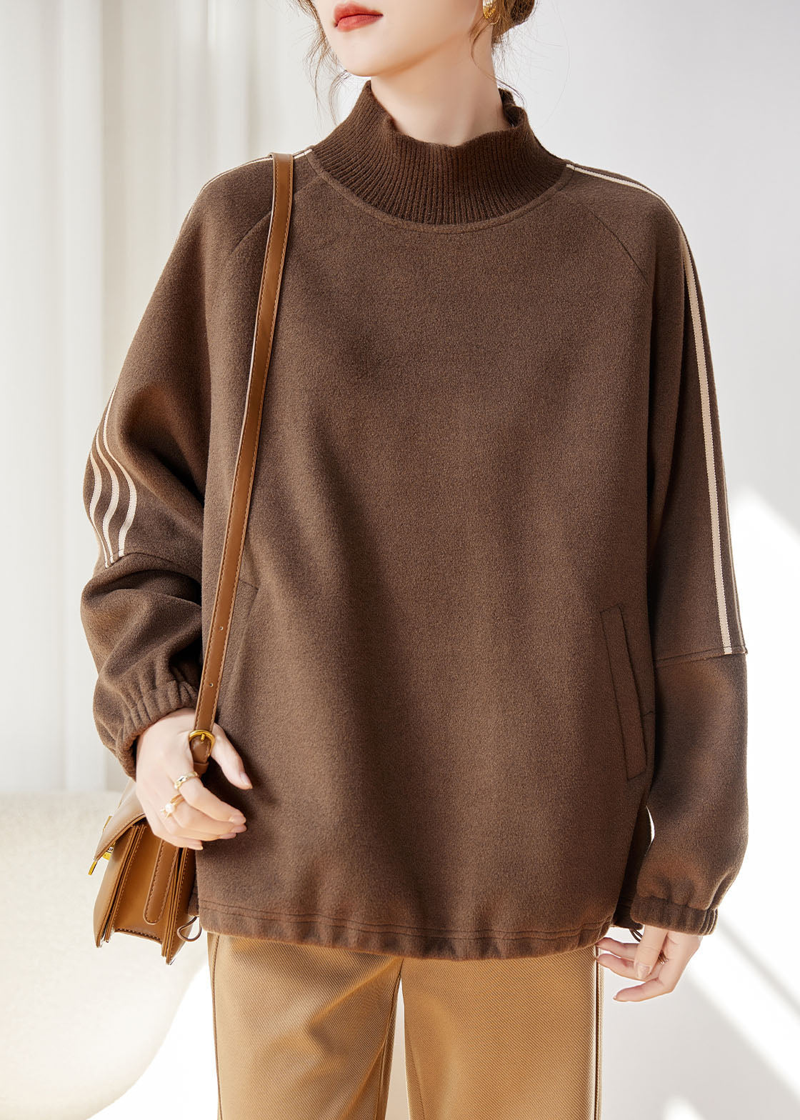 Khaki Striped Patchwork Drawstring Thick Pullover Fall