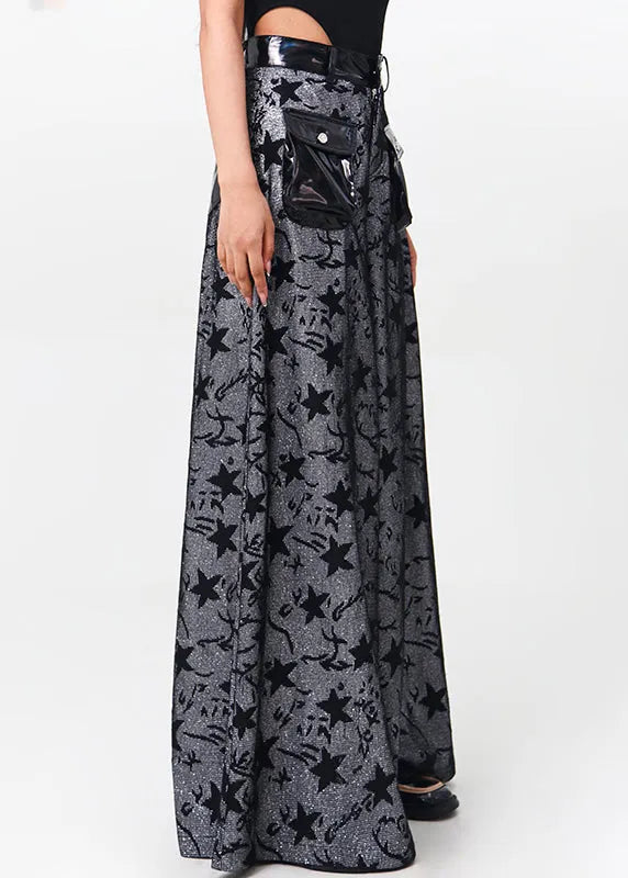Black Pockets Patchwork Denim Wide Leg Pants Spring