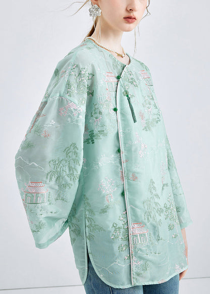 Green Embroidered Button Chiffon 2 Piece Outfit Spring