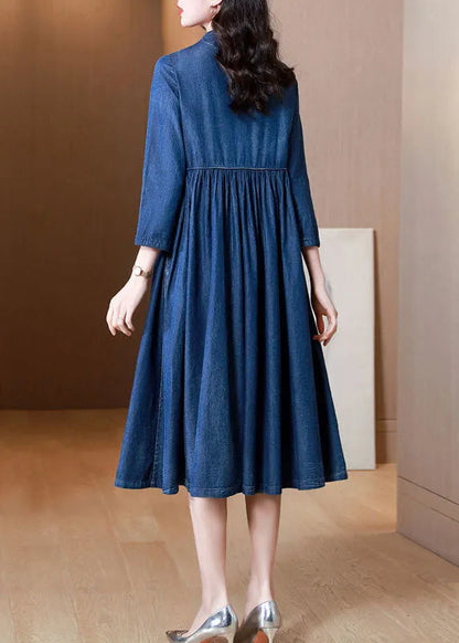 Blue Embroideried Exra Large Hem Cotton Denim Dress Bracelet Sleeve