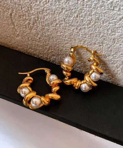 Art Gold Copper Overgild Pearl Hoop Earrings