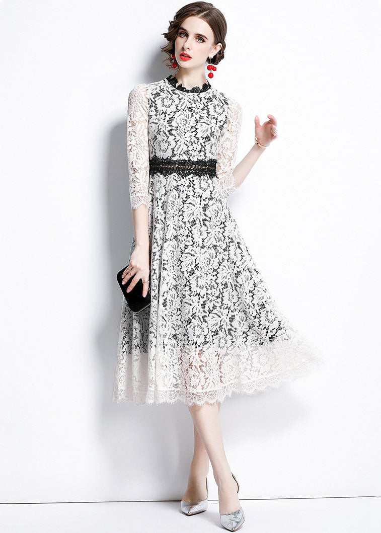 White O-neck Patchwork Lace Party Dress Bracelet Sleeve