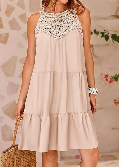 Italian Apricot Cold Shoulder Patchwork Cotton Dress Summer