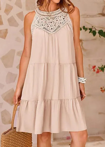 Italian Apricot Cold Shoulder Patchwork Cotton Dress Summer