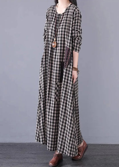 Black White Plaid a Line Long Dresses Spring