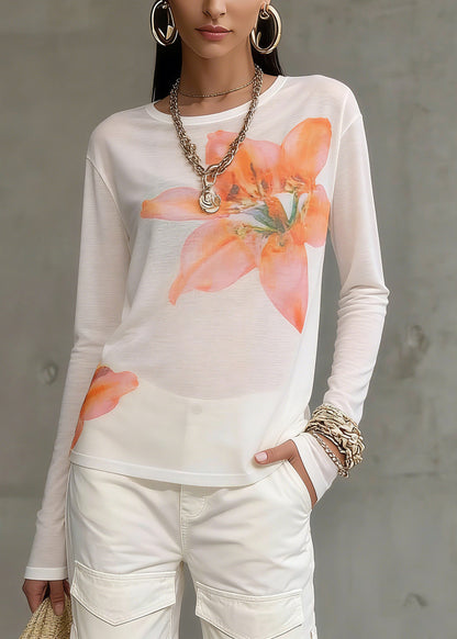 Loose White O-neck Print Tops Spring
