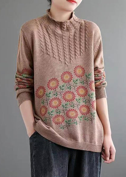 Khaki Turtleneck Print Patchwork Knitted Cotton Sweaters Fall