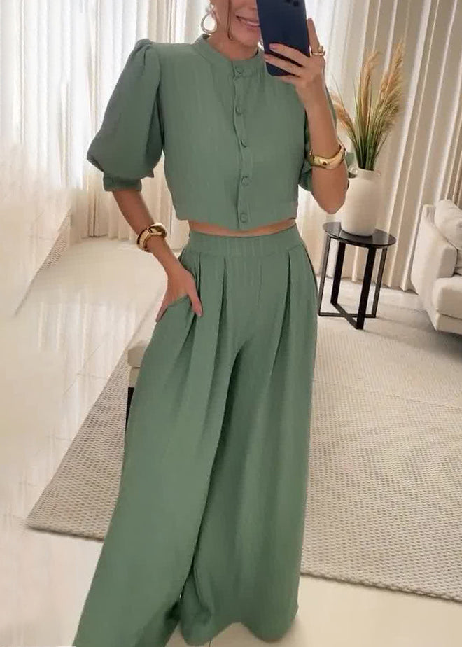 Army Green Button Pockets Cotton Two Piece Set Half Sleeve