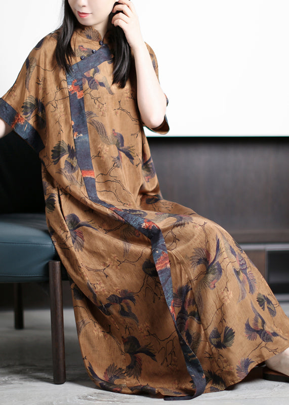 Yellow Mandarin Collar Print Silk Cheongsam Dress Short Sleeve